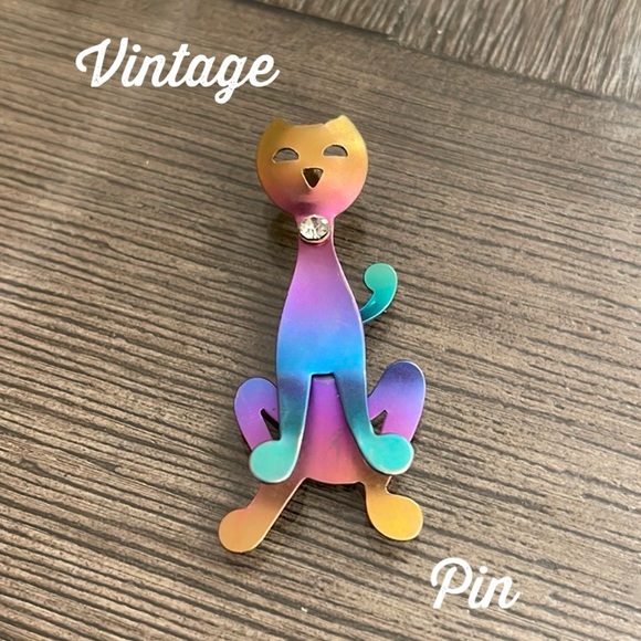 WHIMSICAL Vintage 1980s Multicolor Anodized Aluminum Kinetic Cat Dangling Pin